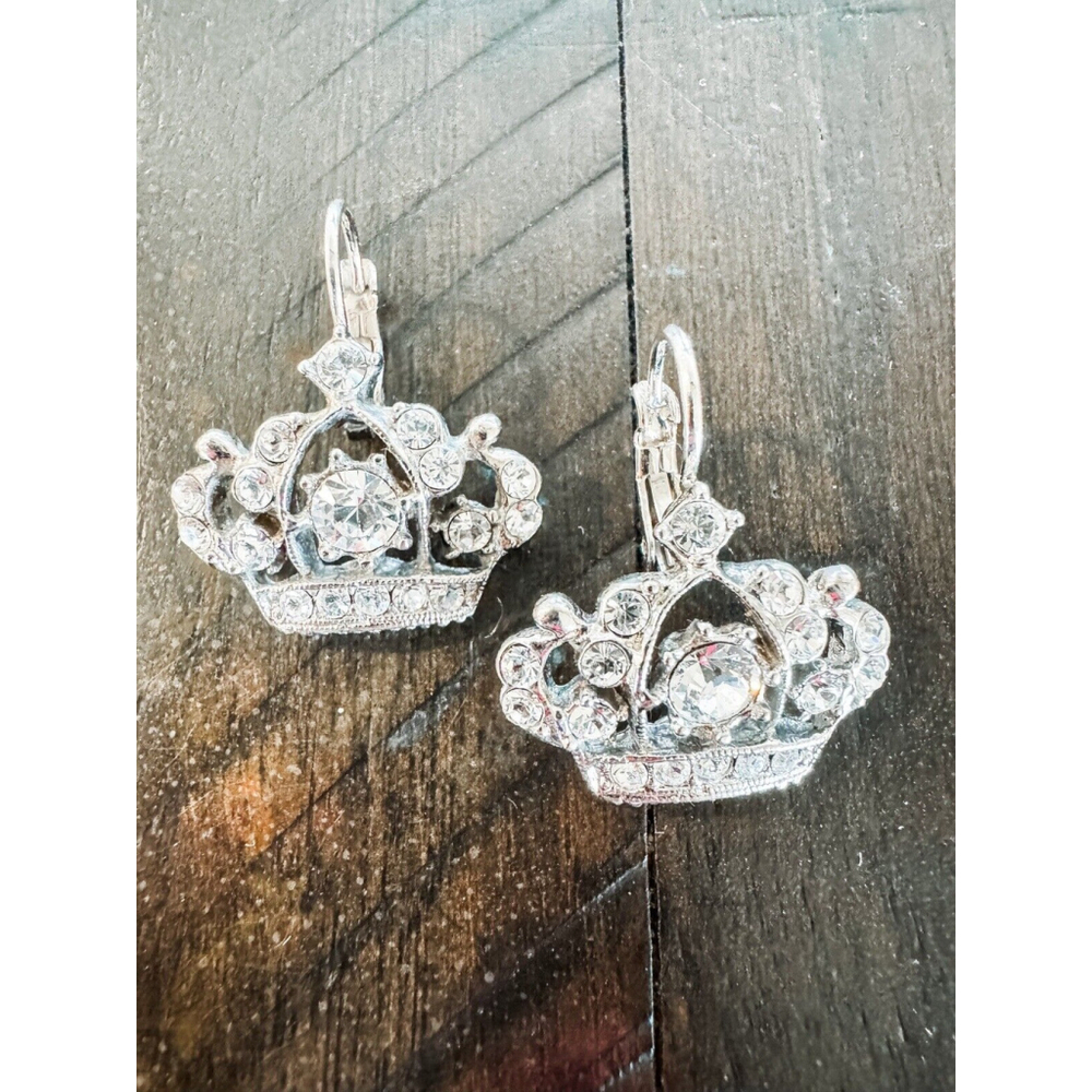 Signed Kirks Folly Rhodium Plated Clear Crystal Victorian Revival Drop Earrings